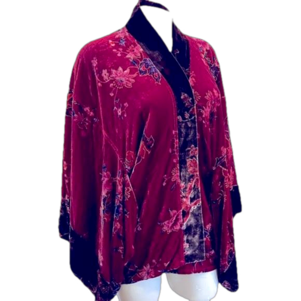 CHICOS DESIGN kimono burnout velvet beaded  Asian style sleeve blouse M/L